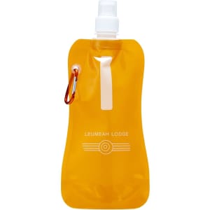 A drink bottle in a bright orange colour with a nozzle and a carabiner clip, featuring a logo.