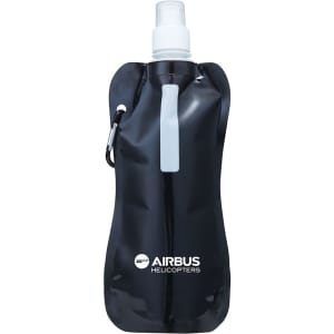 A drink bottle in black, featuring a plastic spout and a carabiner. It has a logo on the front.
