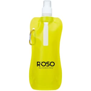 A drink bottle in bright yellow with a flexible design and a cap. It features a logo on the front.