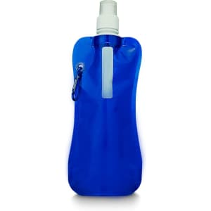 A drink bottle in blue, featuring a spout and a carabiner attachment, with a logo on the side.