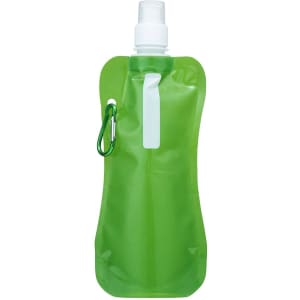 A green water pouch with a spray nozzle and a carabiner clip. It features a logo on the surface.