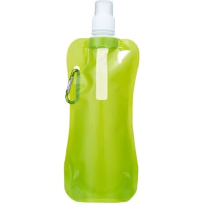 A drink bottle in bright green, featuring a flexible pouch design and a carabiner for attachment.
