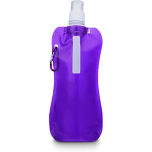 A drink bottle with a clear purple design, featuring a carabiner and a screw-top lid. It has a logo on the side.