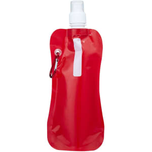 A drink bottle in red, featuring a white nozzle and a carabiner attachment. The bottle has a logo on it.