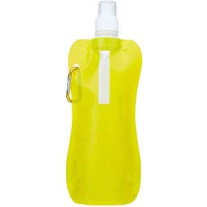 A drink bottle in bright yellow with a spout and a carabiner for attachment. It features a logo.
