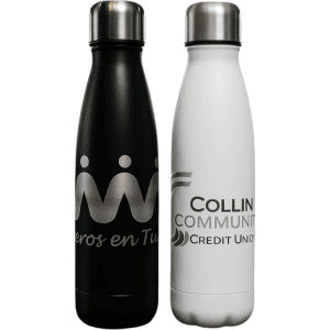 A drink bottle set featuring a black and a white stainless steel water bottle, each with a logo.
