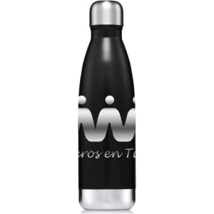 A drink bottle in black stainless steel with a metallic silver cap and a logo on the side.
