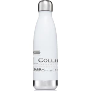 A drink bottle in white with a silver cap, featuring a logo. Ideal for hydration on the go.