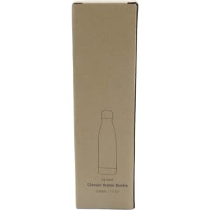 A drink bottle in a kraft box, featuring a minimalistic design and an outline of the bottle.