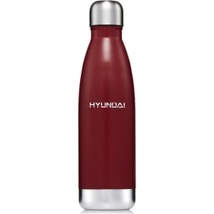 A drink bottle in a deep red colour with a sleek stainless steel base and a logo.