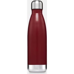 A drink bottle in maroon with a stainless steel base and cap, featuring a sleek, rounded shape and a logo.