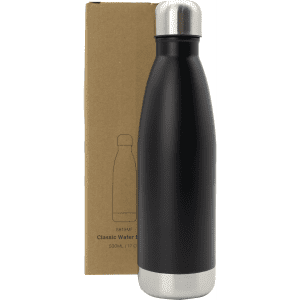 A drink bottle with a matte black finish and a stainless steel base, packaged in a cardboard box.