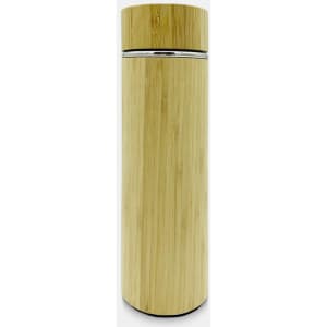 A drink bottle with a bamboo finish and a silver lid, showcasing a sleek, eco-friendly design.