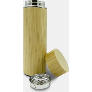 A drink bottle with a bamboo exterior and silver accents, featuring a removable cap and a stainless steel base.