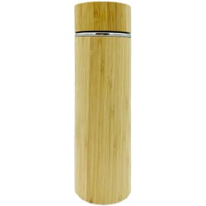 A drink bottle with a bamboo finish and metal accents, featuring a sleek, cylindrical design.