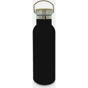 A drink bottle in sleek black, featuring a stainless steel lid and a cork accent, with a logo on its surface.