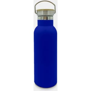A drink bottle with a sleek design, featuring a matte blue finish and a stainless steel cap with a handle.