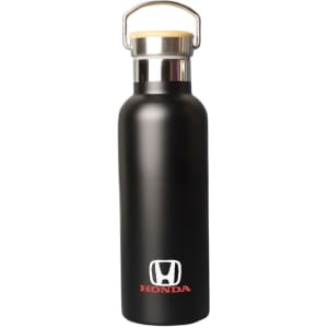 A drink bottle in matte black with a stainless steel lid and a wooden accent, featuring a logo.