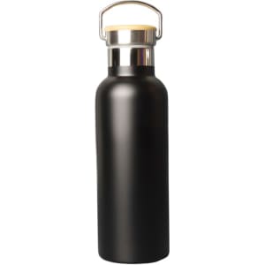 A drink bottle in matte black with a stainless steel rim and wooden cap, featuring a logo.