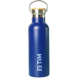 A drink bottle in navy blue with a stainless steel top and a metal carry handle, featuring a logo.