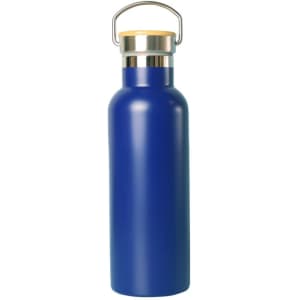 A drink bottle in a deep blue colour with a stainless steel lid and a handle. Features a logo on the body.