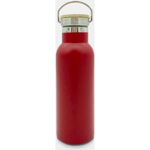 A drink bottle featuring a sleek red design with a stainless steel cap and a wooden handle.