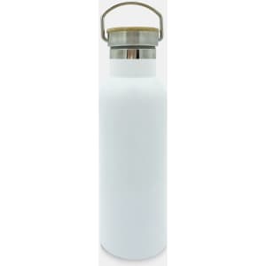 A drink bottle in white with a metal lid and wooden handle, featuring a logo on the front.