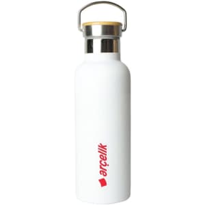 A drink bottle in white with a wooden lid and a logo on the front, featuring a sleek design.