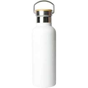 A drink bottle in white with a stainless steel cap and a wooden handle, featuring a logo on the side.