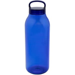 A drink bottle in a vibrant blue colour, featuring a handle and a wide body design. It has a logo on the front.