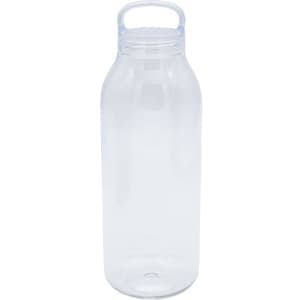 A drink bottle made of clear material with a handle, featuring a simple and sleek design.