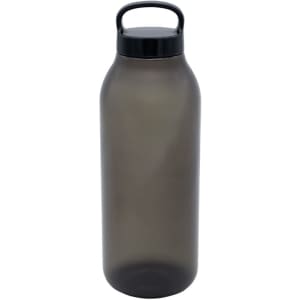 A drink bottle in a dark grey hue with a black lid and handle, featuring a logo.