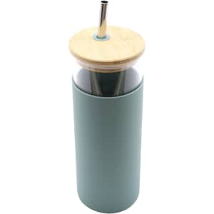 A drink bottle featuring a mint green body, bamboo lid, and stainless steel straw. It has a logo on the side.