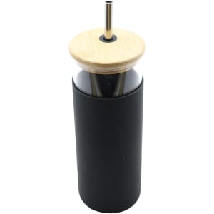 A drink bottle featuring a black plastic body, bamboo lid, and stainless steel straw. It has a logo.