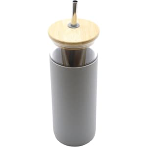 A drink bottle with a grey body and a bamboo lid, featuring a stainless steel straw. It has a logo on it.