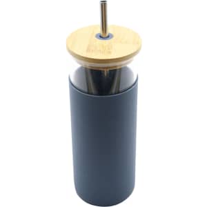 A drink bottle with a dark grey body, bamboo lid, and metal straw. It features a logo on the side.