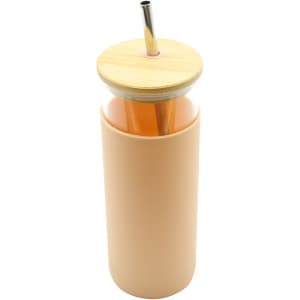 A drink bottle with a peach-coloured silicone sleeve, glass body, bamboo lid, and stainless steel straw.