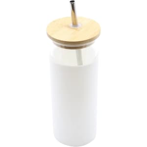 A drink bottle with a white body, bamboo lid, and metal straw, featuring a logo.