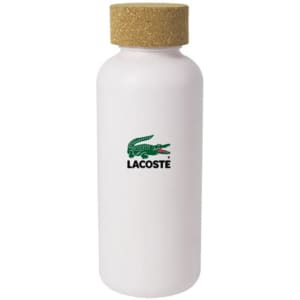 A drink bottle with a white body and cork lid, featuring a logo on the front.