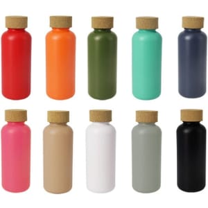A drink bottle collection featuring various colours: red, orange, green, teal, navy, pink, beige, white, grey, and black, with cork lids.