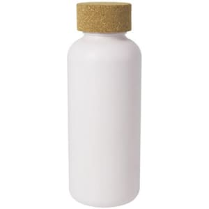 A drink bottle in white with a cork lid, features a logo on the side.