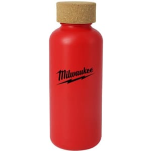 A drink bottle in bright red with a cork lid and a logo.