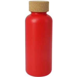 A drink bottle in vibrant red with a cork lid and a simple design. It features a logo.