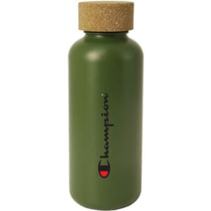 A drink bottle in olive green featuring a cork lid and a logo.