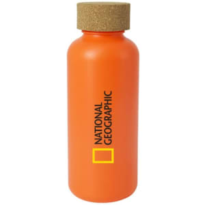 An orange drink bottle with a cork lid, featuring a logo on the side.