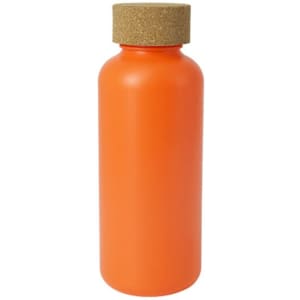 A drink bottle in vibrant orange with a cork lid, featuring a smooth, matte finish.