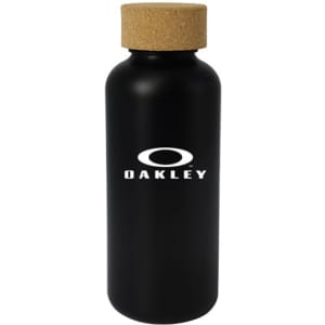 A drink bottle with a sleek black finish and a cork lid, featuring a logo on the front.