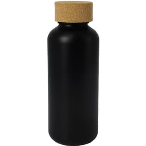 A drink bottle in matte black with a cork lid, featuring a logo on the side.