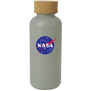 A drink bottle in grey with a cork lid and a circular logo on the front.