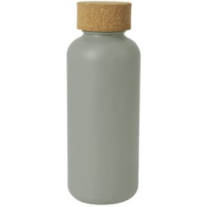 A drink bottle in muted green with a natural cork lid, featuring a smooth finish and sleek design.